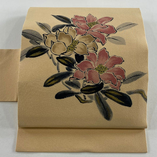 【美品】名古屋帶 秀品級 附落款 山科春宣 草花紋紋 金彩裝飾 薄橙色 純蠶絲