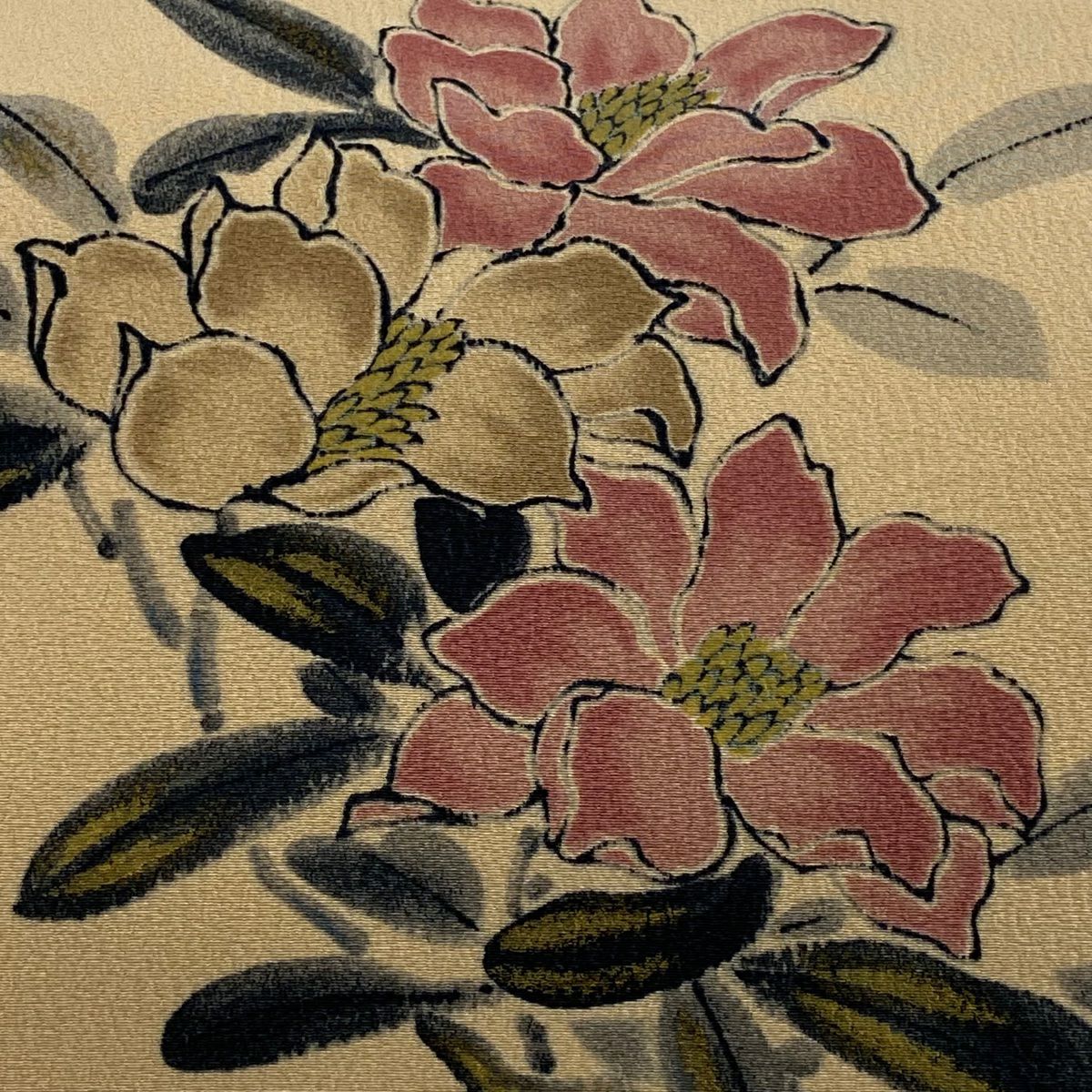 【美品】名古屋帶 秀品級 附落款 山科春宣 草花紋紋 金彩裝飾 薄橙色 純蠶絲