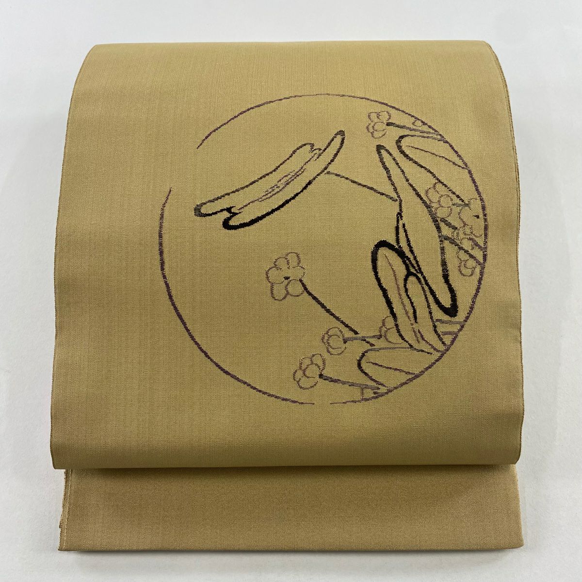 【美品】 袋帶 秀品級 草花紋 圓文 金絲 米色 大鼓圖案 純蠶絲