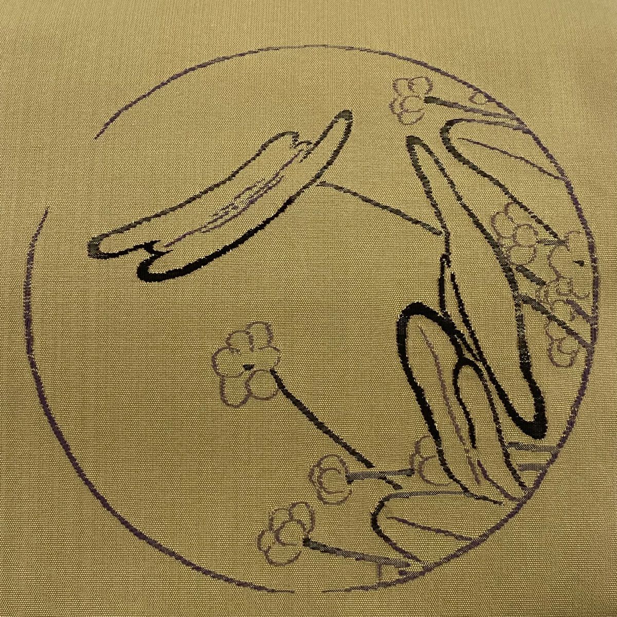 【美品】 袋帶 秀品級 草花紋 圓文 金絲 米色 大鼓圖案 純蠶絲
