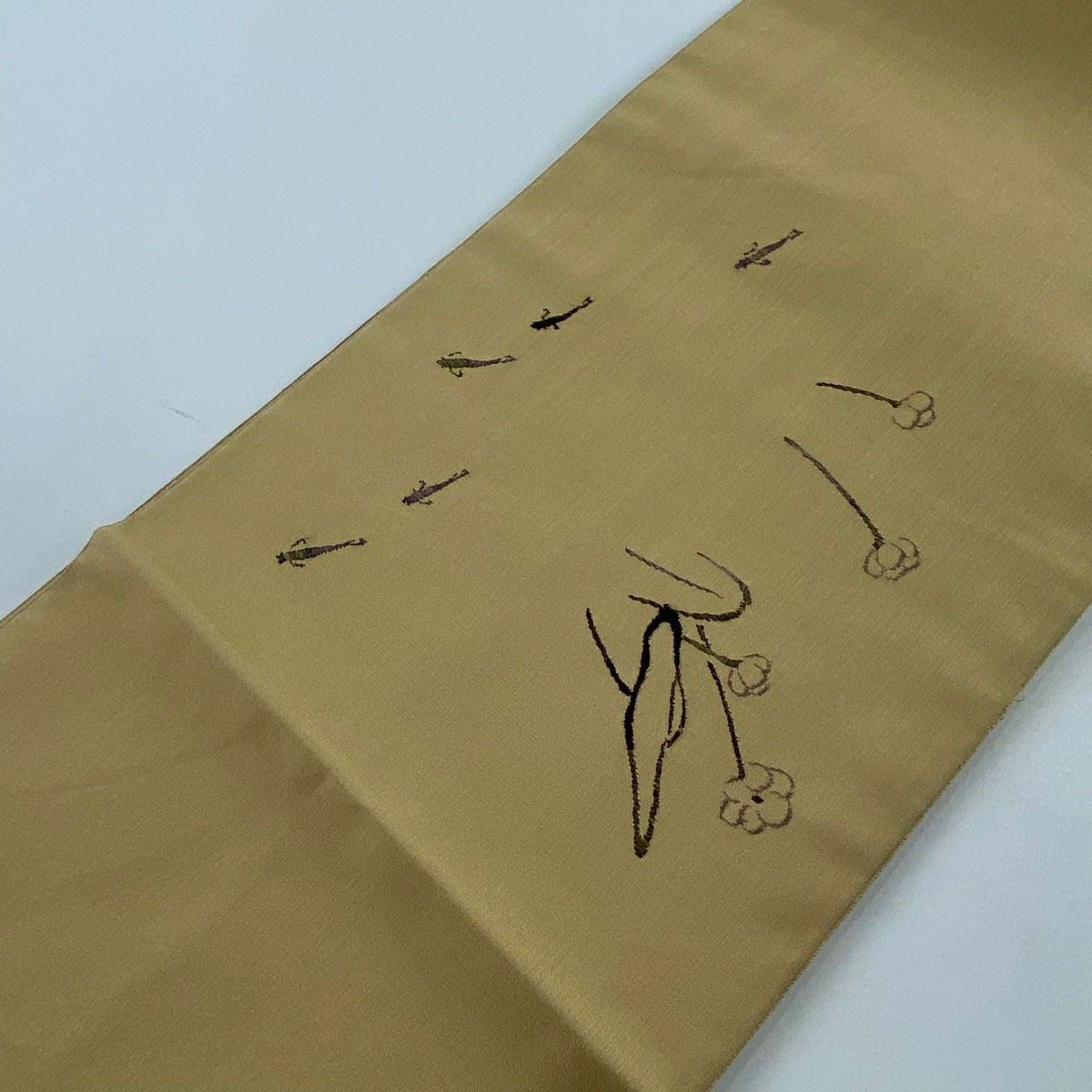 【美品】 袋帶 秀品級 草花紋 圓文 金絲 米色 大鼓圖案 純蠶絲