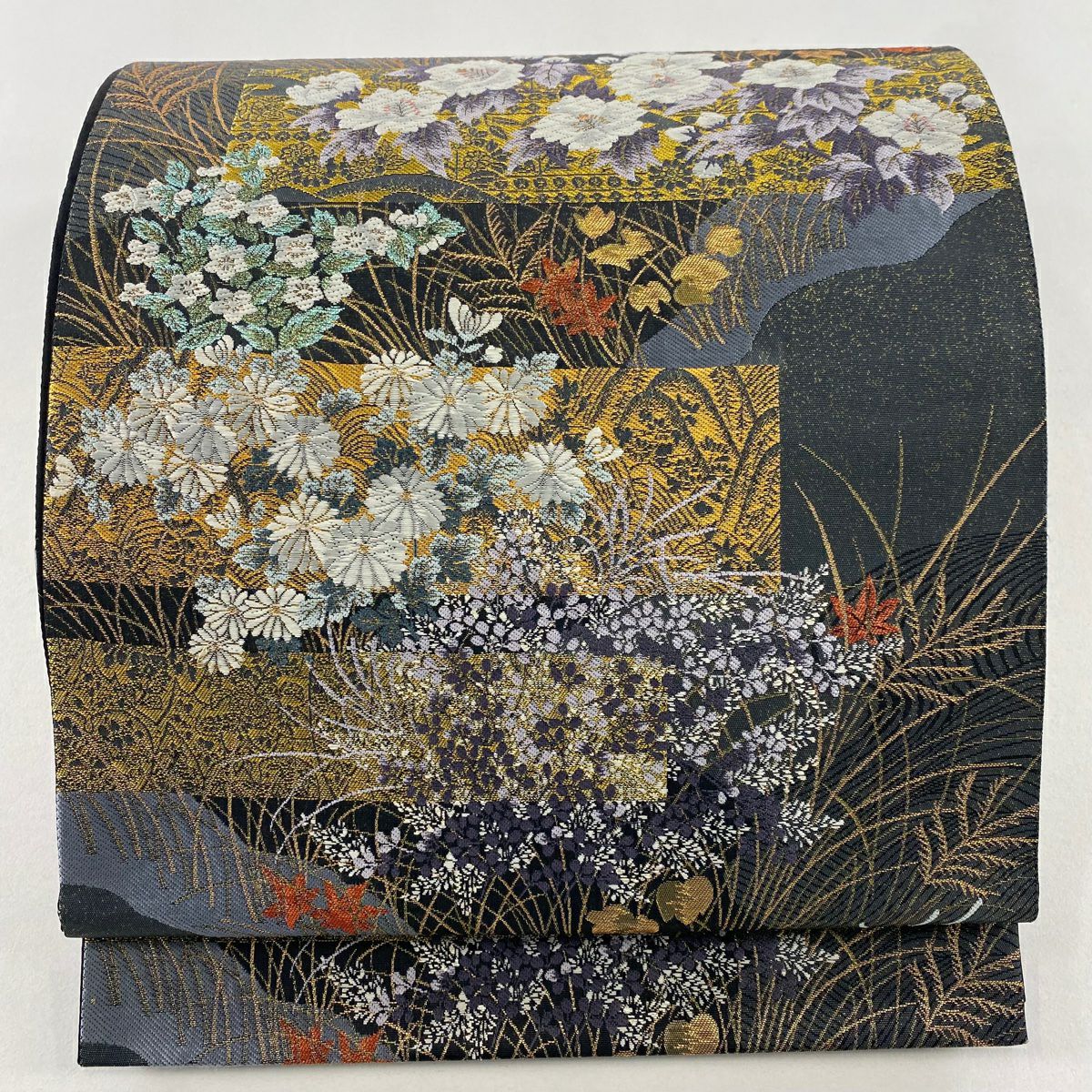 【美品】 袋帶 秀品級 夢幻花橫短冊文 草花紋紋 蘆葦 金金箔 墨 深藍 六通 純蠶絲