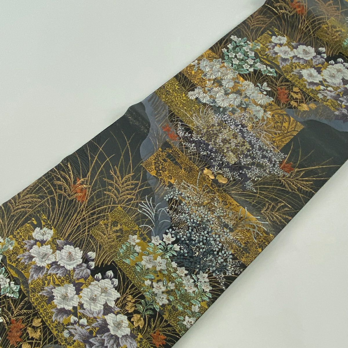 【美品】 袋帶 秀品級 夢幻花橫短冊文 草花紋紋 蘆葦 金金箔 墨 深藍 六通 純蠶絲