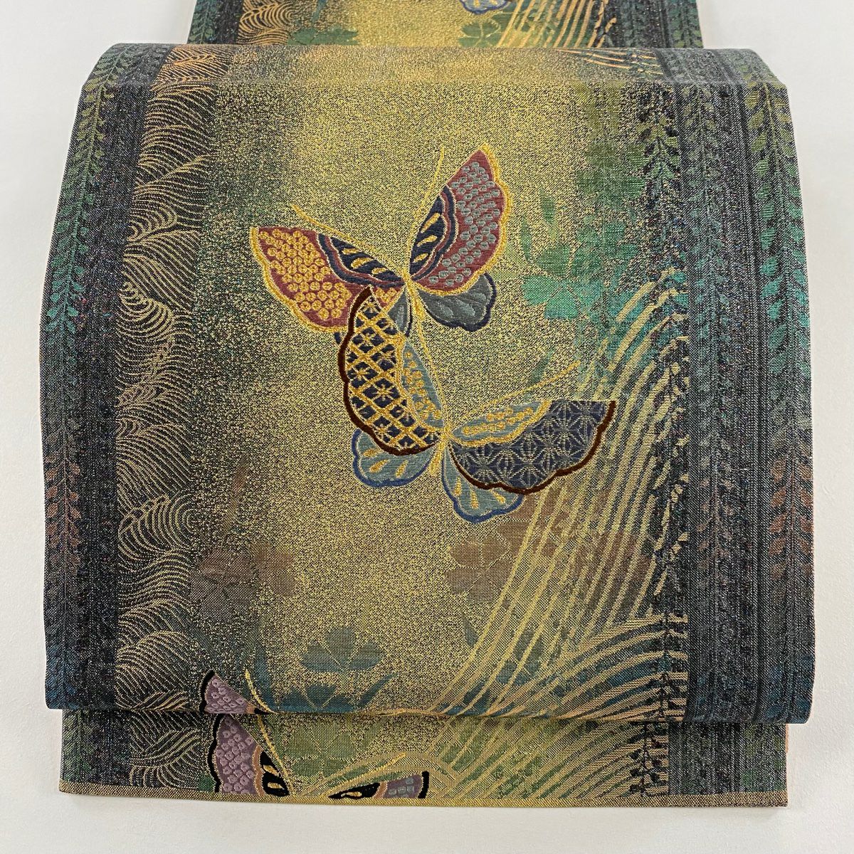 【美品】 袋帶 秀品級 蝶 波 金絲 金金箔 金 六通 純蠶絲
