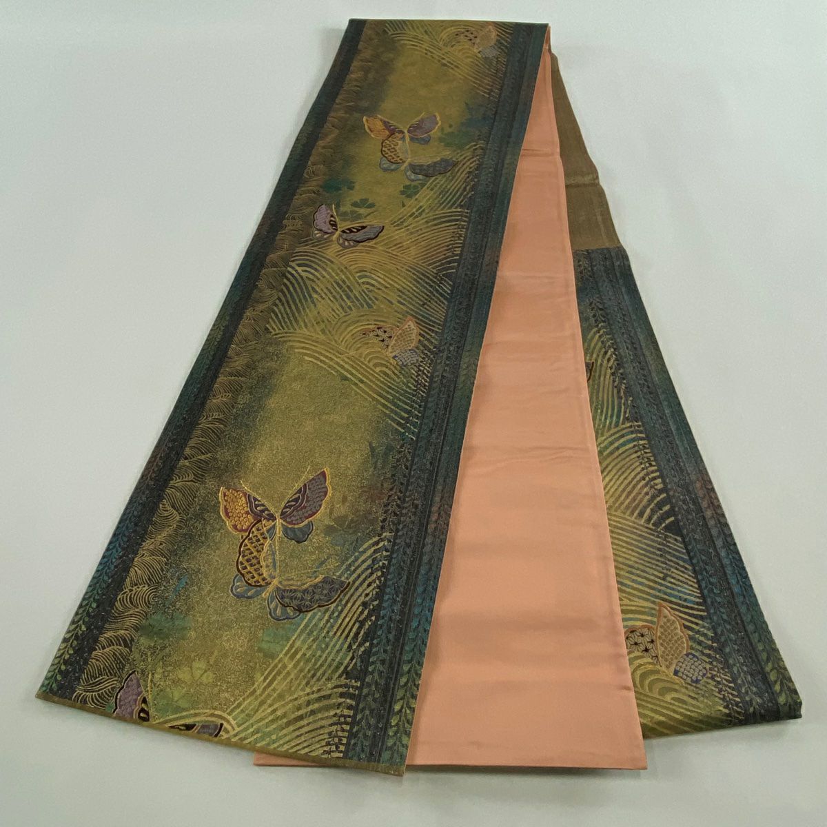 【美品】 袋帶 秀品級 蝶 波 金絲 金金箔 金 六通 純蠶絲