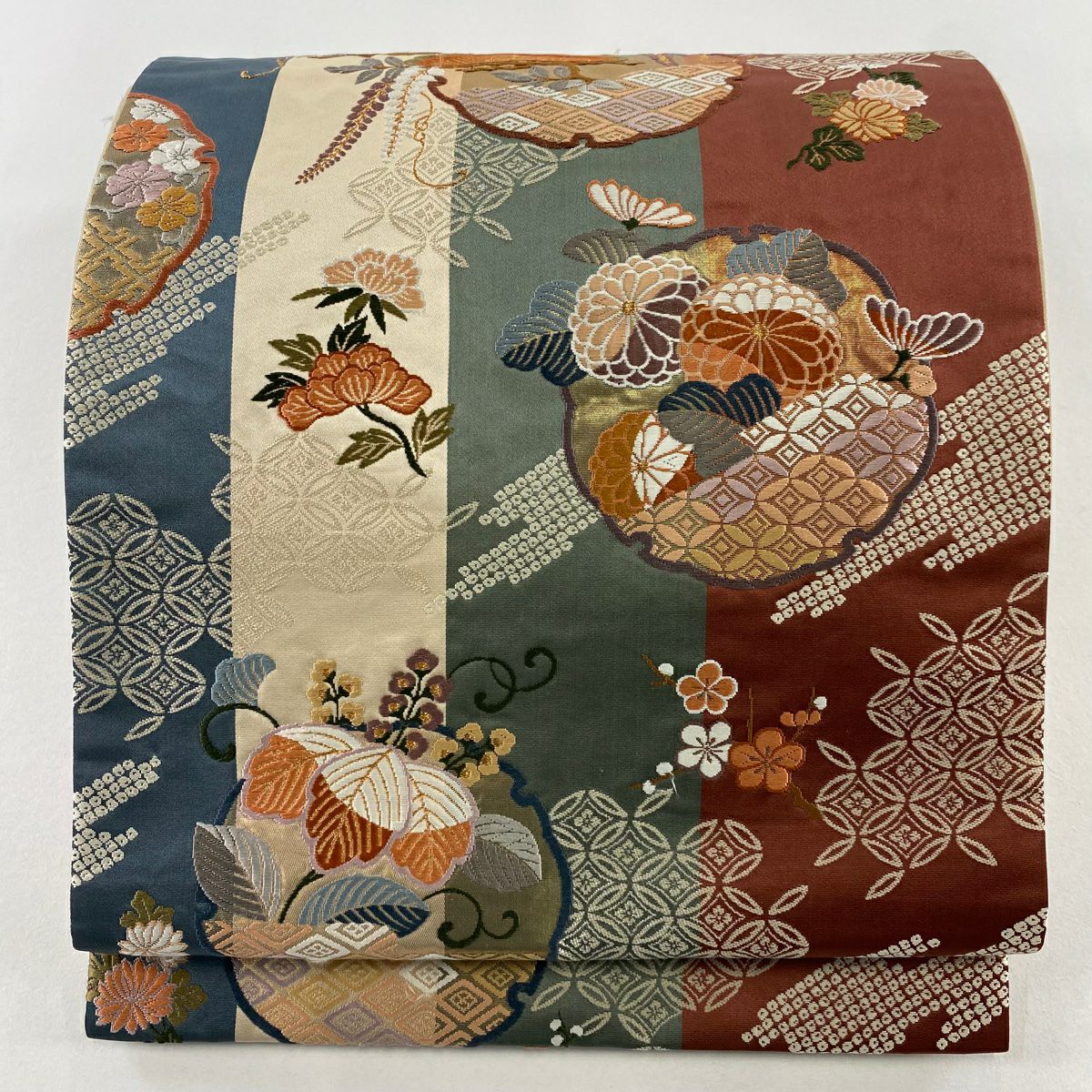 袋帶 秀品級 雪輪 草花紋 金糸 刺繡 紅茶 六通 純蠶絲