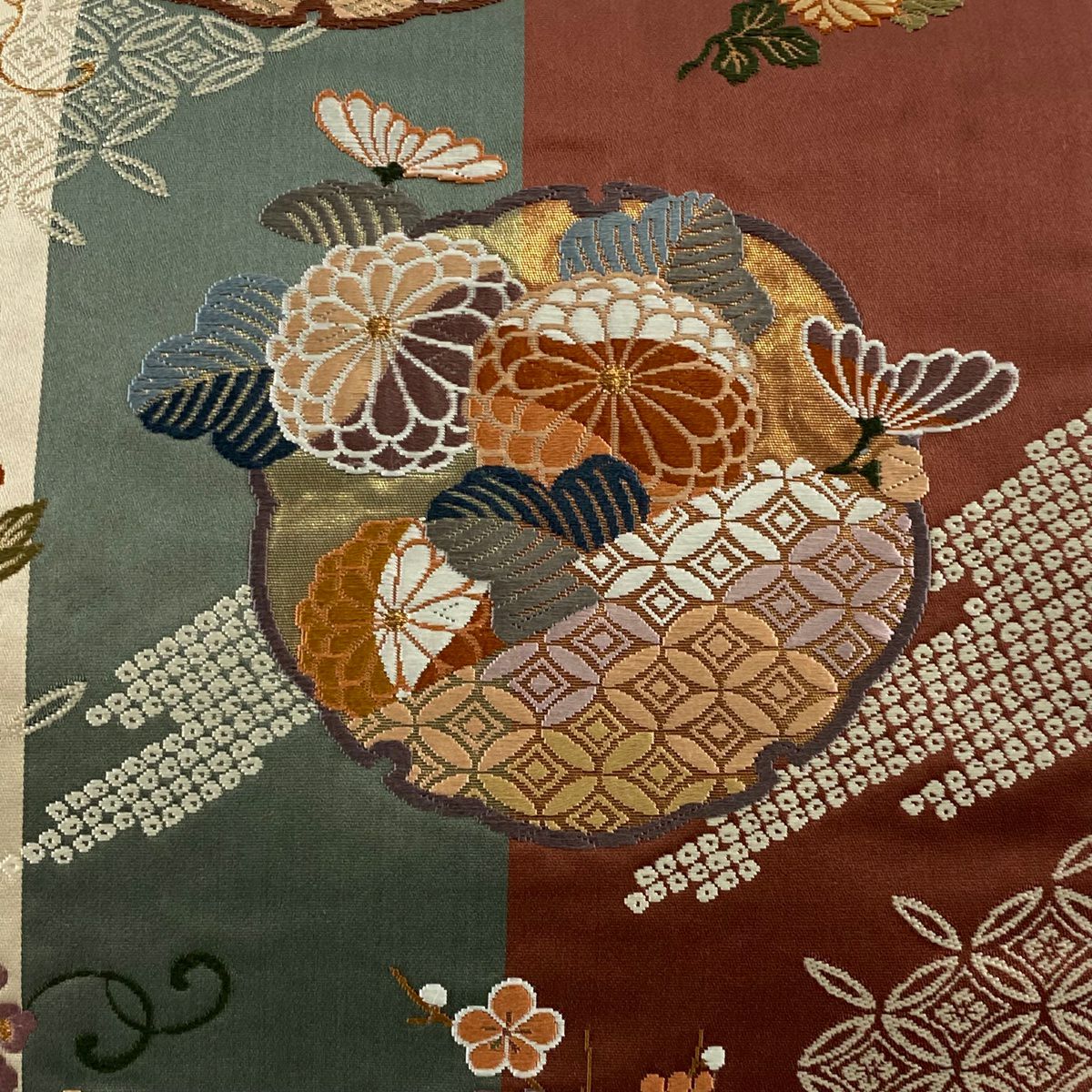 袋帶 秀品級 雪輪 草花紋 金糸 刺繡 紅茶 六通 純蠶絲