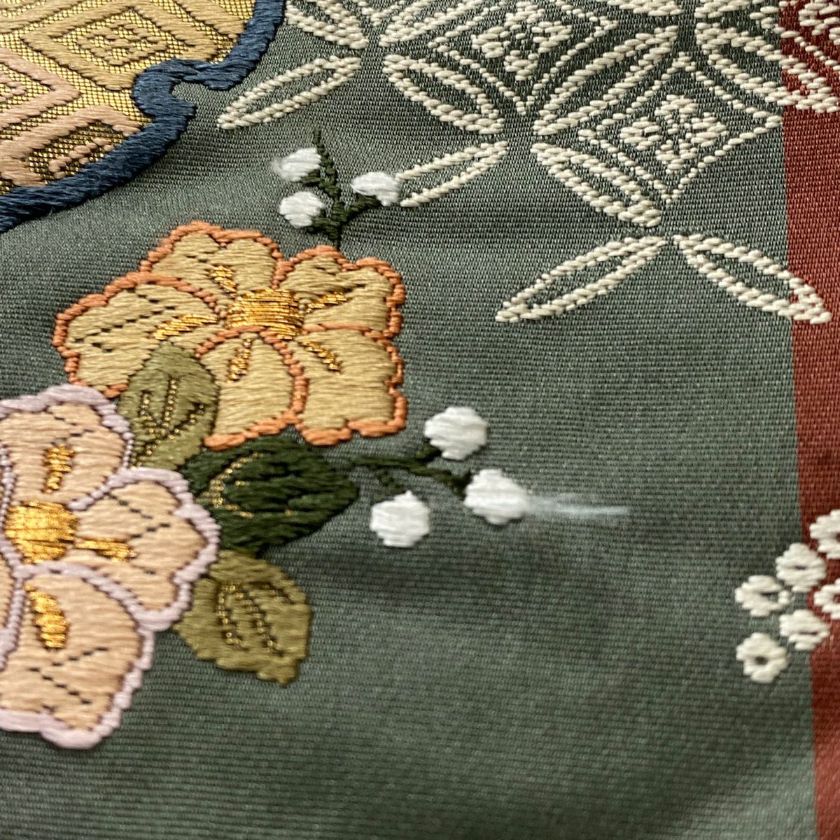 袋帶 秀品級 雪輪 草花紋 金糸 刺繡 紅茶 六通 純蠶絲