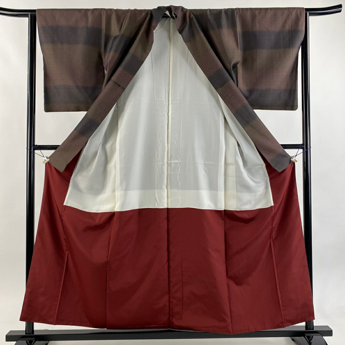 【美品】 小紋 身長157cm 袖長64cm M 雙層 服裝 幾何學 段紋 小豆色 純蠶絲 逸品級