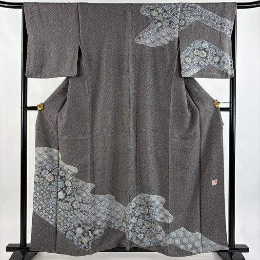 訪問服 身長158.5cm 袖長66cm M 雙層 樋熊哲也 落款あり 辻花染 金銀彩 漸層 灰 純蠶絲 逸品級