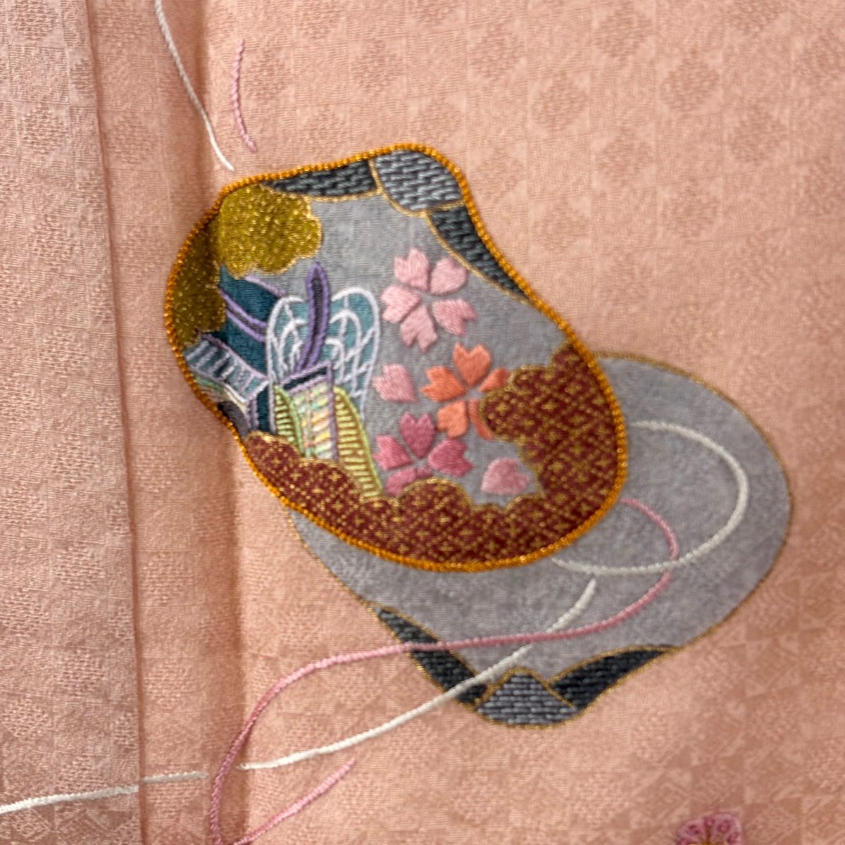 【美品】 付下 身長155cm 袖長65cm M 雙層 月聖子 落款あり 貝合わせ 御所車 刺繡 金糸 粉紅 純蠶絲 逸品級