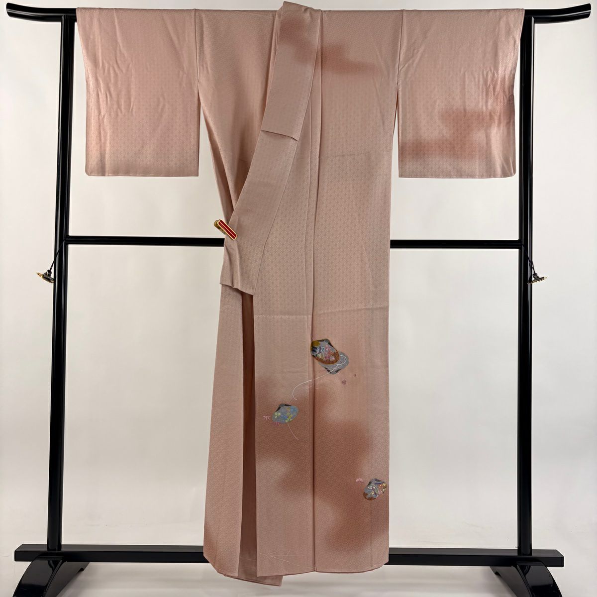 【美品】 付下 身長155cm 袖長65cm M 雙層 月聖子 落款あり 貝合わせ 御所車 刺繡 金糸 粉紅 純蠶絲 逸品級