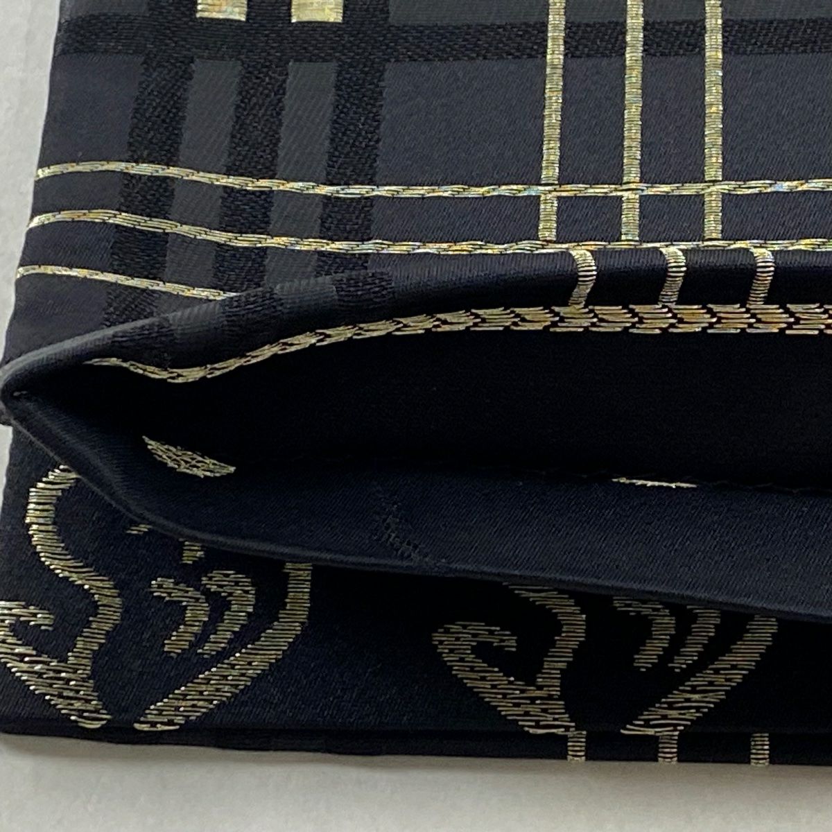 【美品】 袋帶 逸品級 格子 幾何圖案 金銀絲 黑 六通 純蠶絲