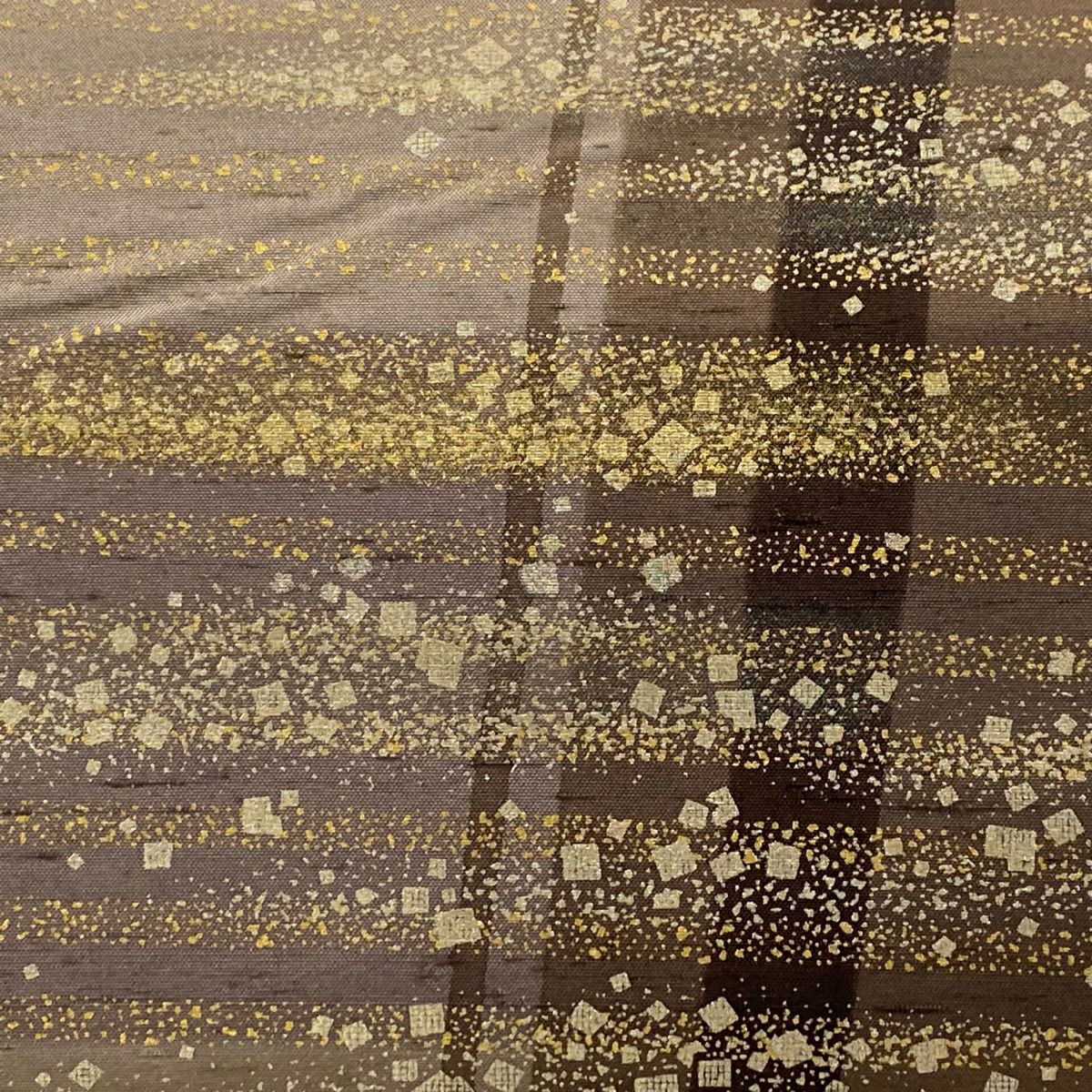 袋帶 逸品級 附有落款 牛首紬織織地 金金箔散佈 幾何學圖案 金銀彩 灰茶 全通 純蠶絲