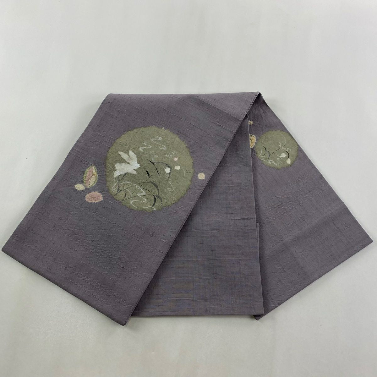袋帶 逸品級 青柳 落款あり 奇翠 兔子 葉紋 灰紫 大鼓紋 純蠶絲