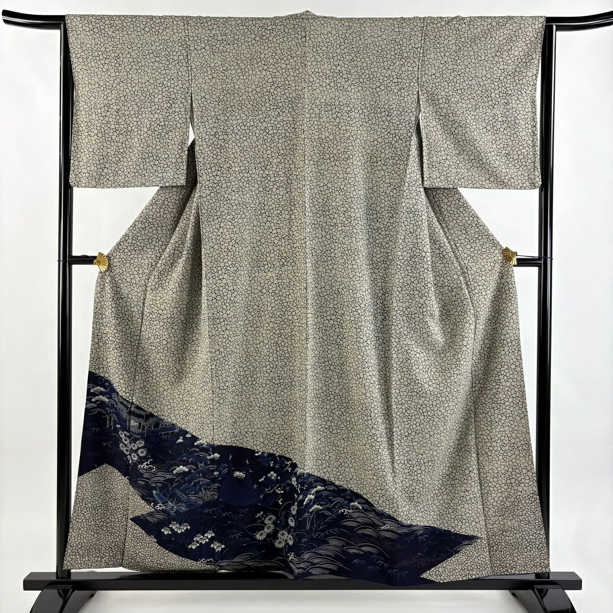 付下 身長155cm 袖長64cm M 雙層 松樹竹子梅花 舟 染分 灰茶 純蠶絲 名品級