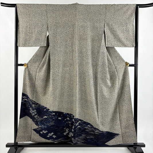 付下 身長155cm 袖長64cm M 雙層 松樹竹子梅花 舟 染分 灰茶 純蠶絲 名品級