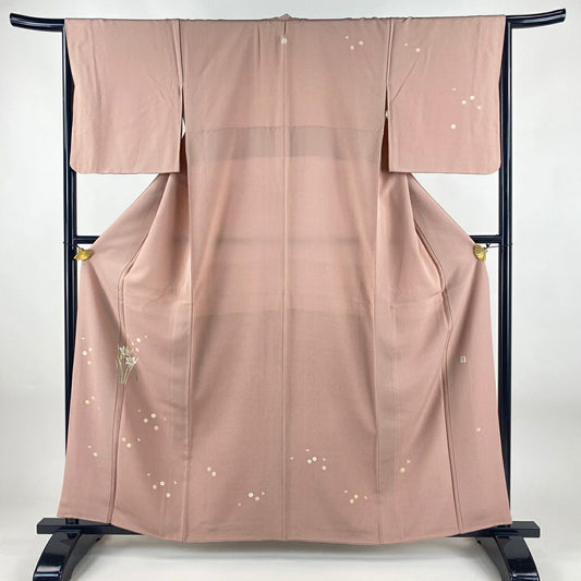 付下 身長160.5cm 袖長65.5cm M 雙層 落款 水仙 草花紋紋 粉紅 純蠶絲 名品級 一つ紋