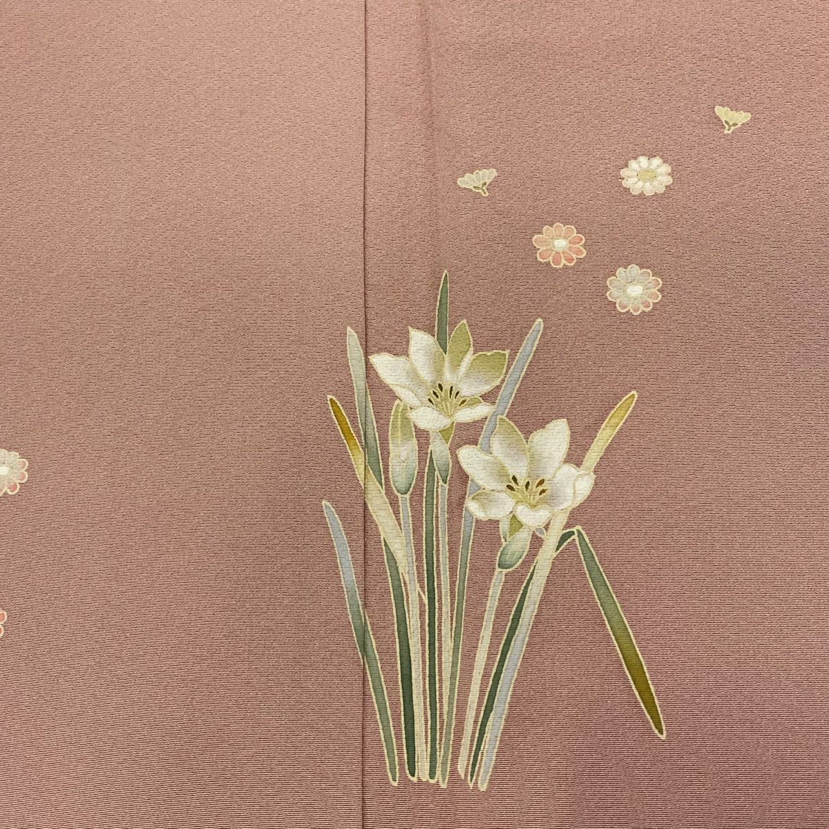 付下 身長160.5cm 袖長65.5cm M 雙層 落款 水仙 草花紋紋 粉紅 純蠶絲 名品級 一つ紋