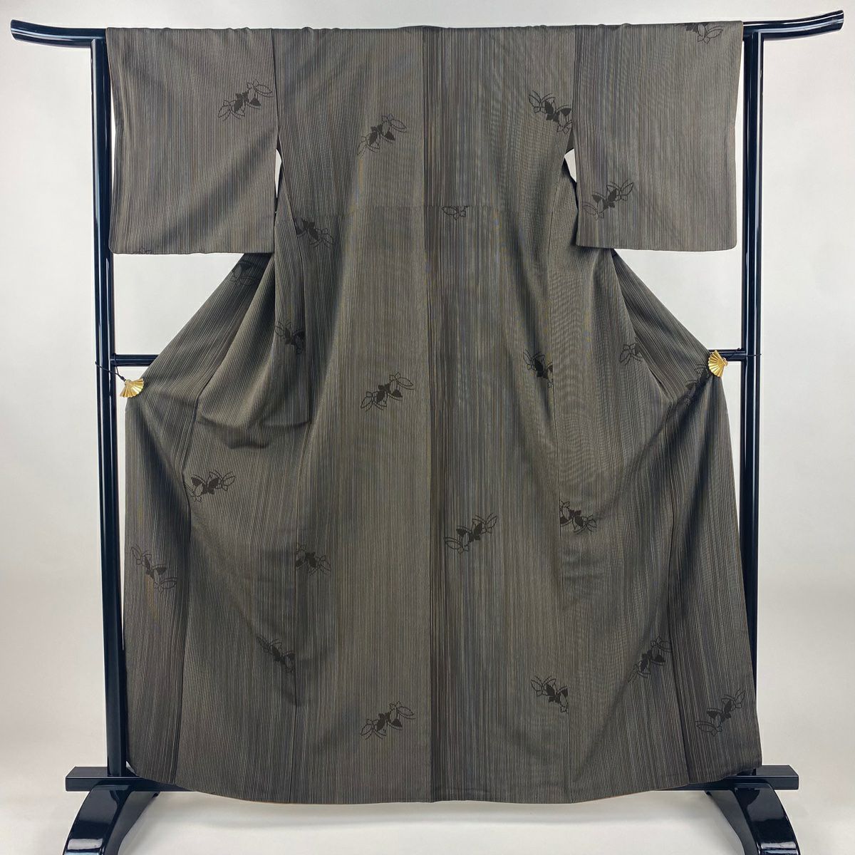 【美品】 紬織織 身長162cm 袖長63cm S 雙層 蝶紋 縞紋 焦茶 純蠶絲 名品級