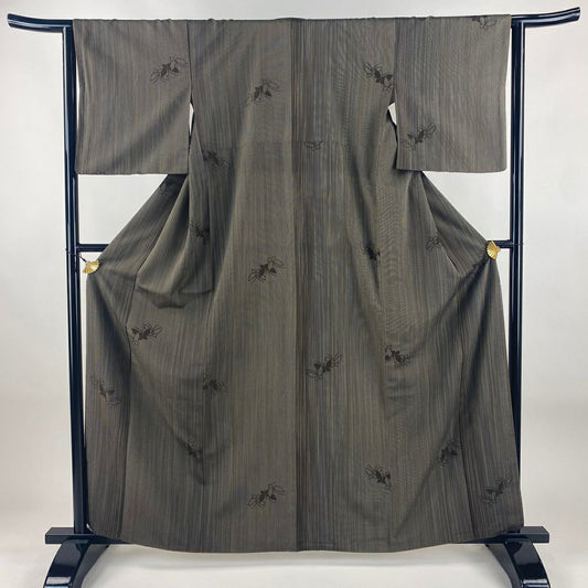 【美品】 紬織織 身長162cm 袖長63cm S 雙層 蝶紋 縞紋 焦茶 純蠶絲 名品級