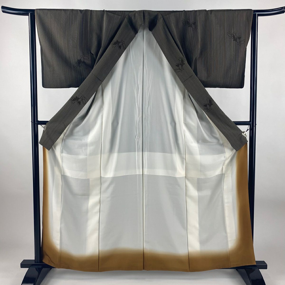 【美品】 紬織織 身長162cm 袖長63cm S 雙層 蝶紋 縞紋 焦茶 純蠶絲 名品級