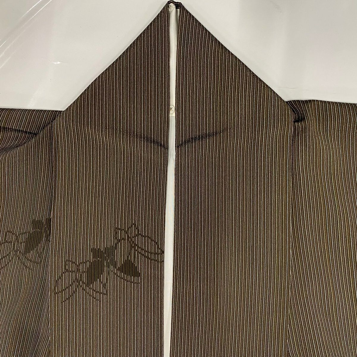 【美品】 紬織織 身長162cm 袖長63cm S 雙層 蝶紋 縞紋 焦茶 純蠶絲 名品級