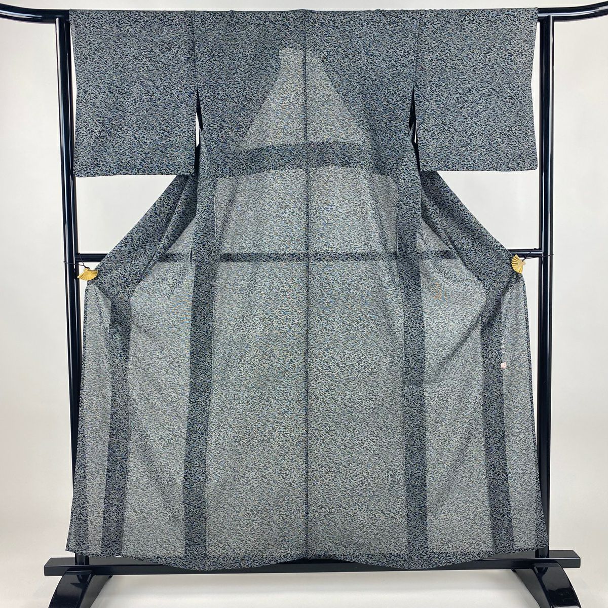 小紋 身長157.5cm 袖長63.5cm S 薄物 保科土山 絽 落款あり 松樹葉 黑 純蠶絲 名品級