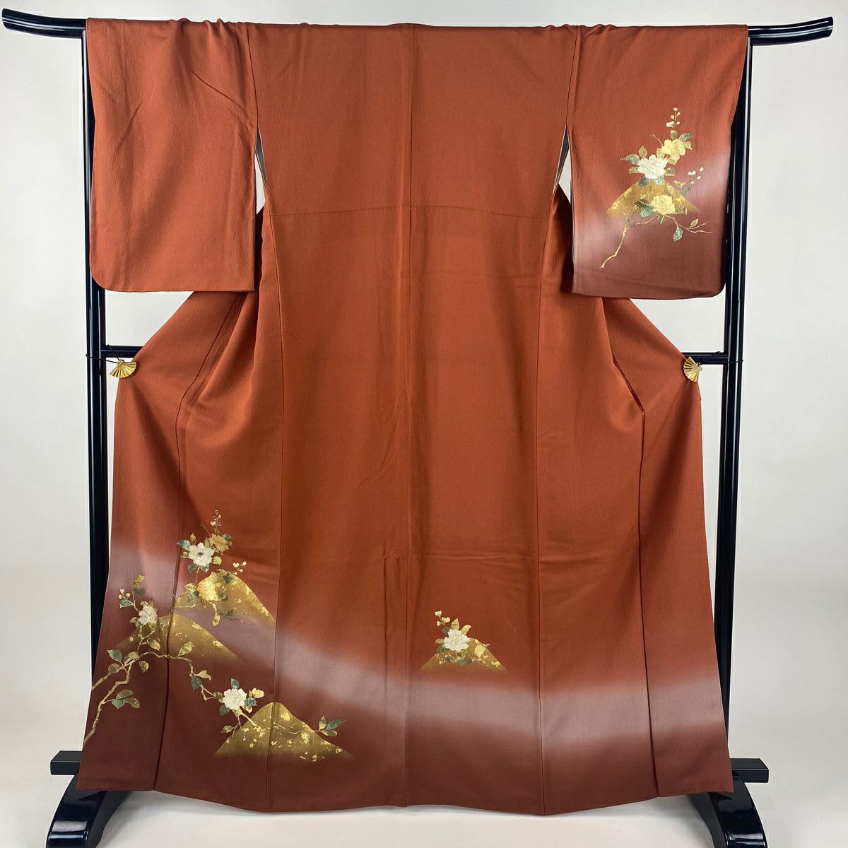 付下 身長165cm 袖長68cm L 雙層 枝花 山並 金銀彩 螺鈿 紅茶 純蠶絲 名品級