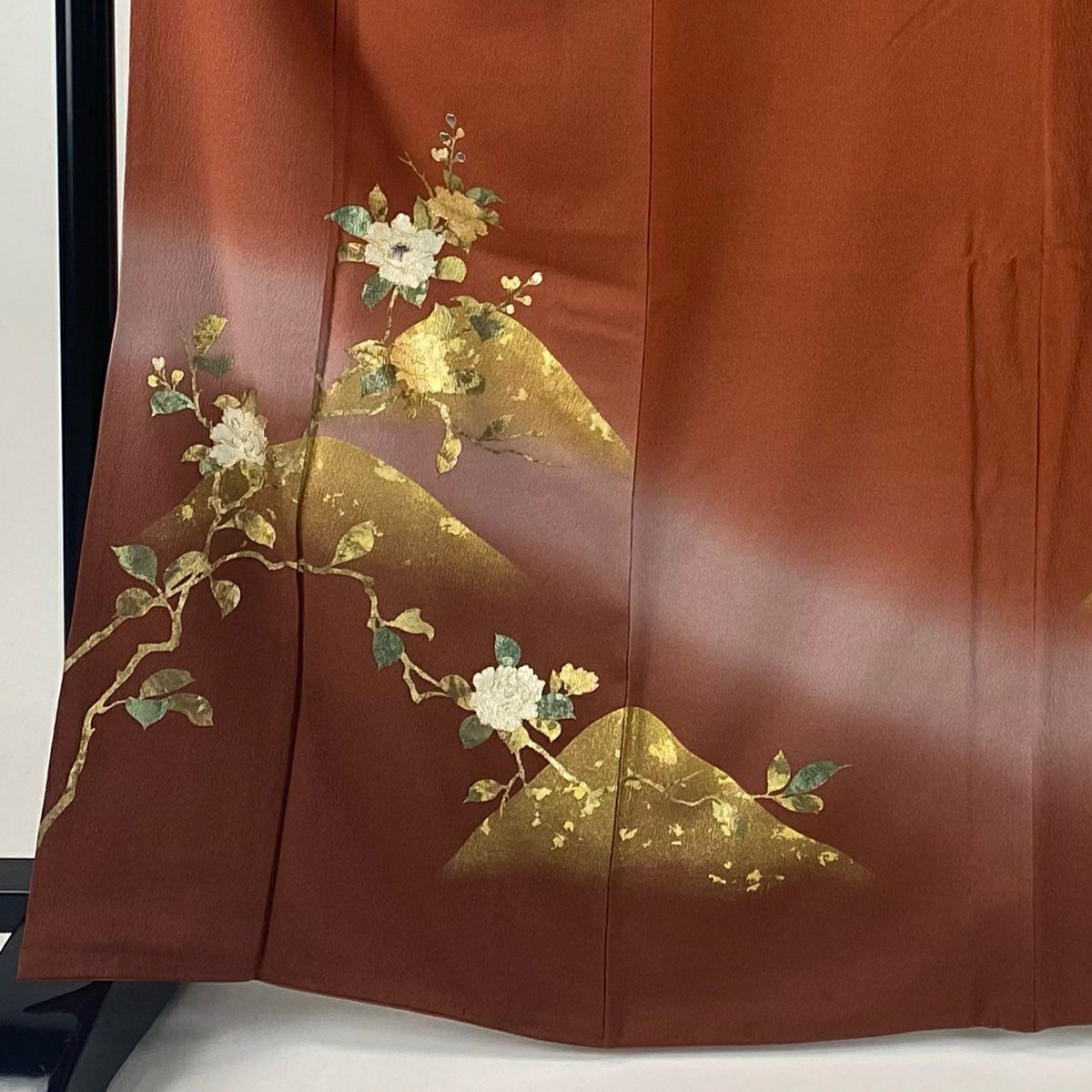 付下 身長165cm 袖長68cm L 雙層 枝花 山並 金銀彩 螺鈿 紅茶 純蠶絲 名品級
