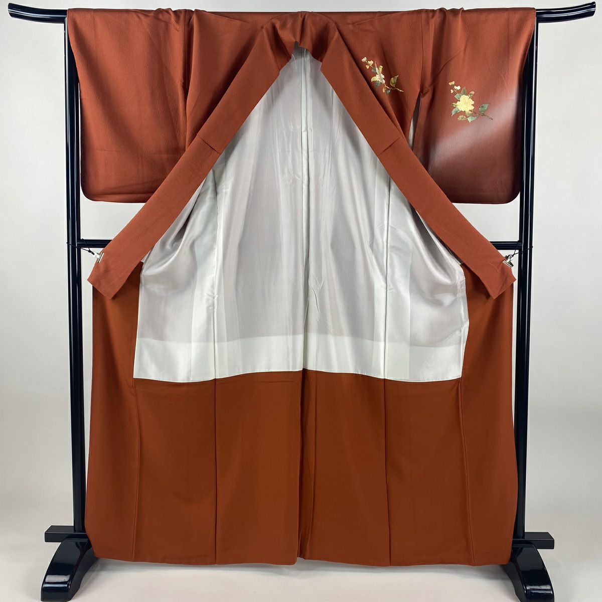 付下 身長165cm 袖長68cm L 雙層 枝花 山並 金銀彩 螺鈿 紅茶 純蠶絲 名品級