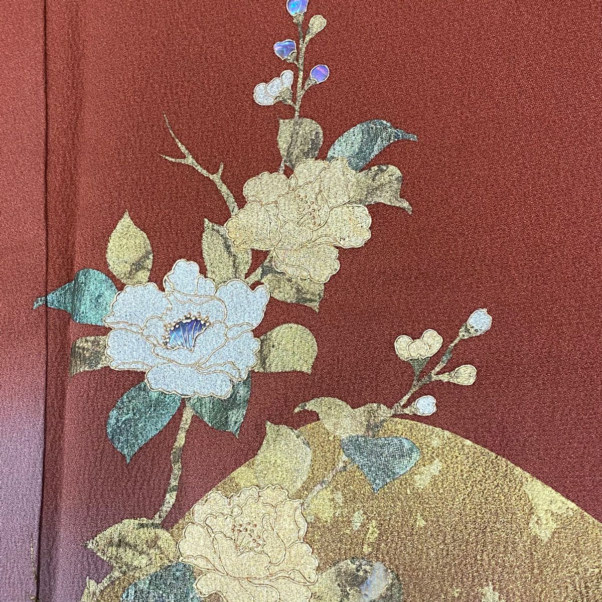 付下 身長165cm 袖長68cm L 雙層 枝花 山並 金銀彩 螺鈿 紅茶 純蠶絲 名品級