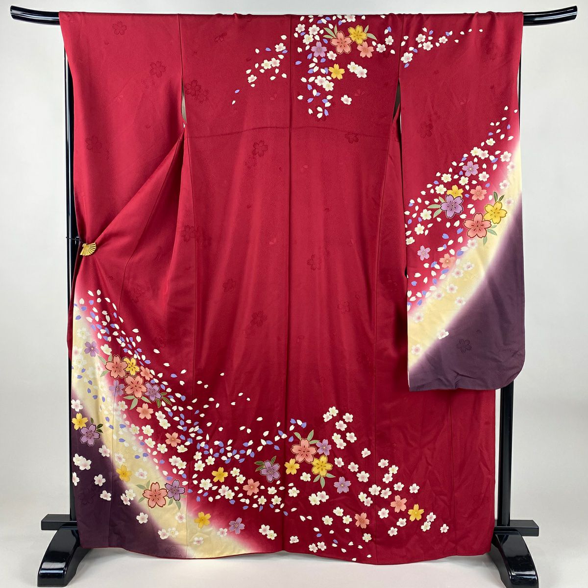 【美品】振袖禮服 身長166cm 袖長68.5cm L 雙層櫻花瓣金彩裝飾染分濃粉紅純蠶絲名品級