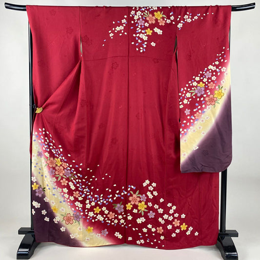 【美品】振袖禮服 身長166cm 袖長68.5cm L 雙層櫻花瓣金彩裝飾染分濃粉紅純蠶絲名品級
