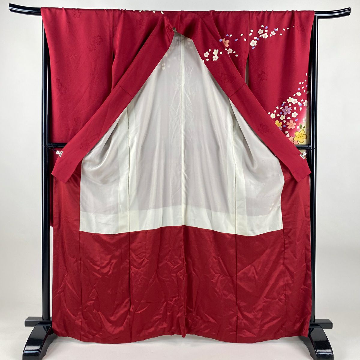 【美品】振袖禮服 身長166cm 袖長68.5cm L 雙層櫻花瓣金彩裝飾染分濃粉紅純蠶絲名品級