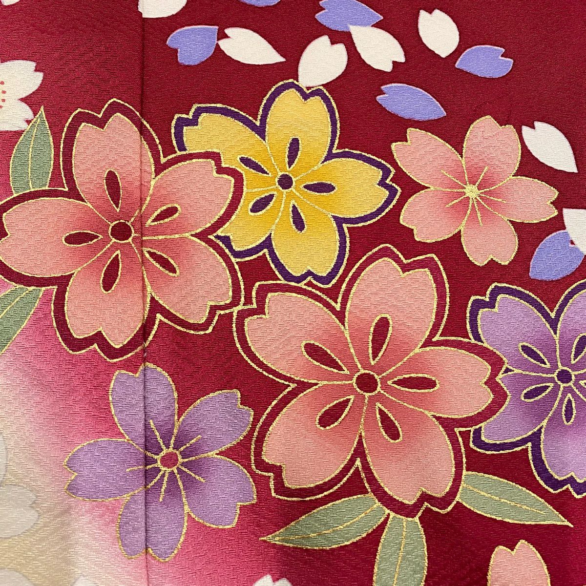 【美品】振袖禮服 身長166cm 袖長68.5cm L 雙層櫻花瓣金彩裝飾染分濃粉紅純蠶絲名品級