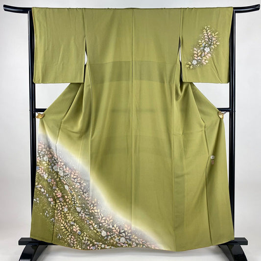 付下 身長161cm 袖長65cm M 雙層 翠山工房 落款あり 辻花染 漸層 抹茶 純蠶絲 名品級