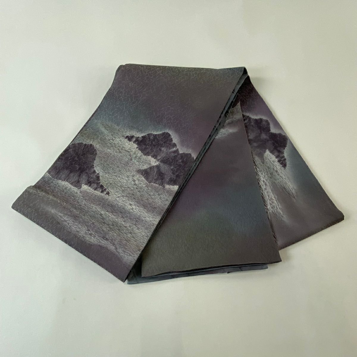 袋帶 名品級 岩山 波 絞染 銀通 灰紫 お太鼓圖案 純蠶絲