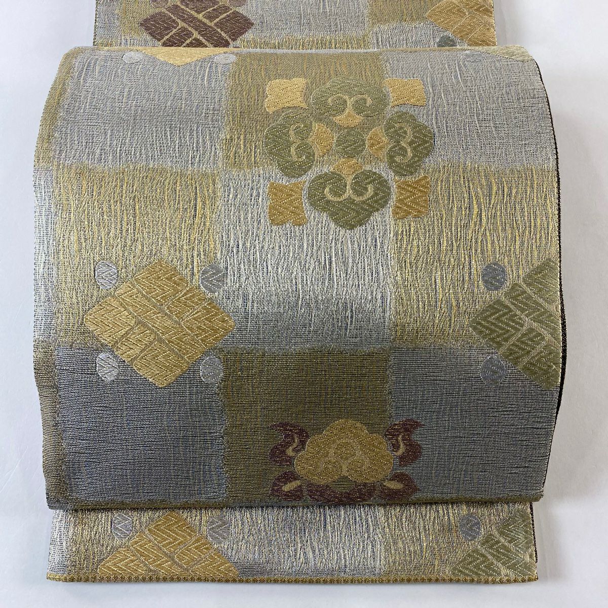 【美品】 袋帶 名品級 吉祥宮中文樣 市松樹 金銀線 銀 六通 純蠶絲
