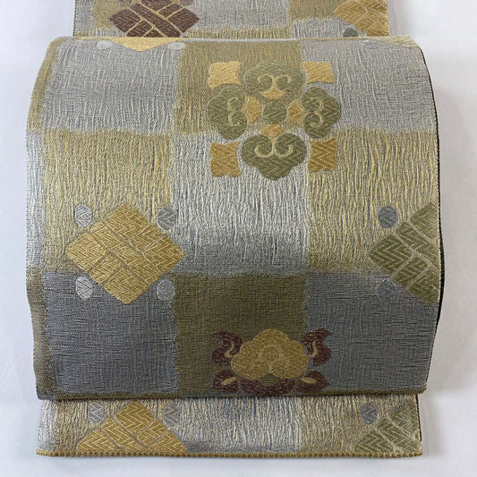 【美品】 袋帶 名品級 吉祥宮中文樣 市松樹 金銀線 銀 六通 純蠶絲