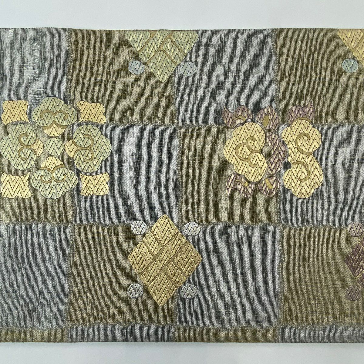 【美品】 袋帶 名品級 吉祥宮中文樣 市松樹 金銀線 銀 六通 純蠶絲