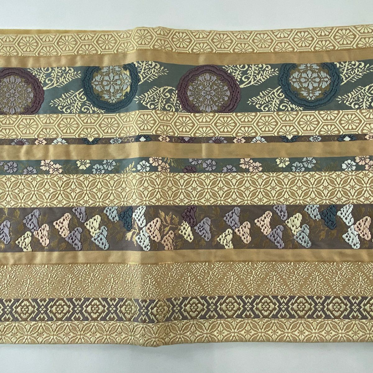 袋帶 名品級 有職紋樣 女郎花 唐織 金金箔 淺茶 六通 純蠶絲