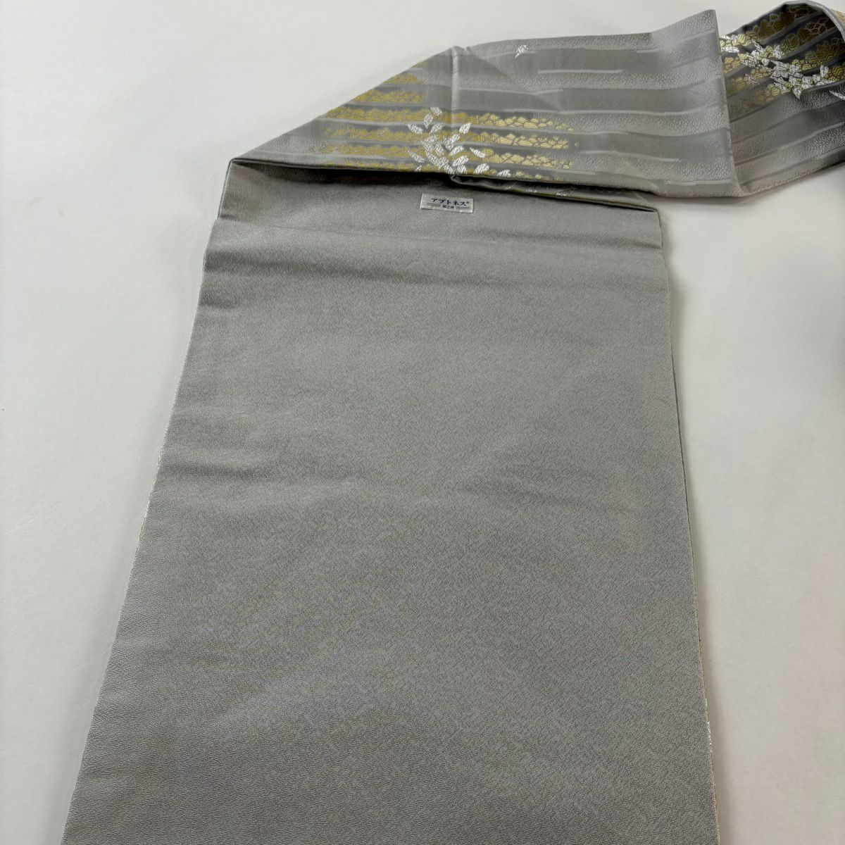 【美品】名古屋帶 名品級 條紋 櫻花花瓣 銀線 灰色 純蠶絲