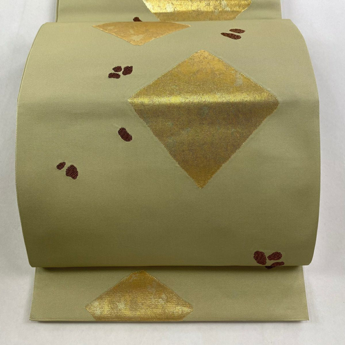 【美品】 袋帶 名品級 川島織物 落款あり 菱 幾何學 金彩裝飾 抹茶 六通 純蠶絲