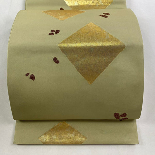 【美品】 袋帶 名品級 川島織物 落款あり 菱 幾何學 金彩裝飾 抹茶 六通 純蠶絲