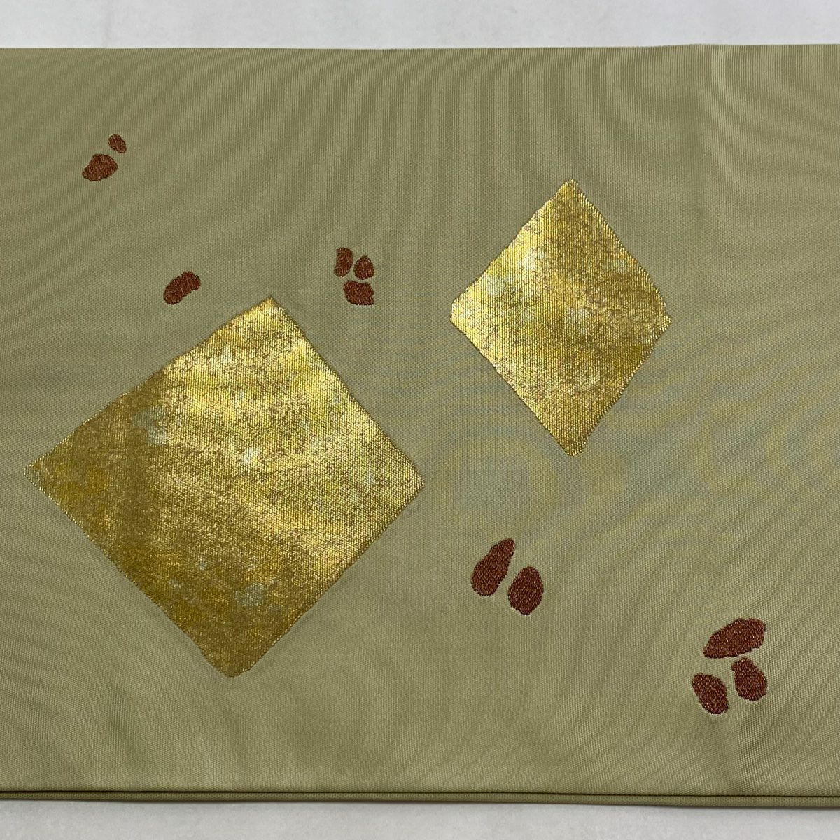 【美品】 袋帶 名品級 川島織物 落款あり 菱 幾何學 金彩裝飾 抹茶 六通 純蠶絲