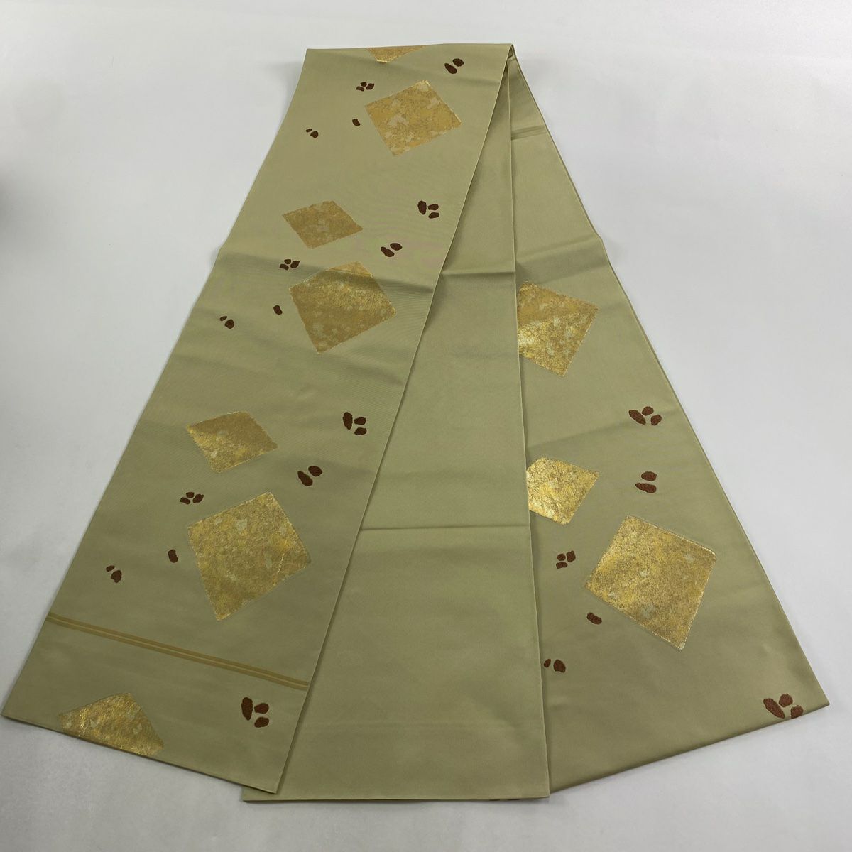 【美品】 袋帶 名品級 川島織物 落款あり 菱 幾何學 金彩裝飾 抹茶 六通 純蠶絲