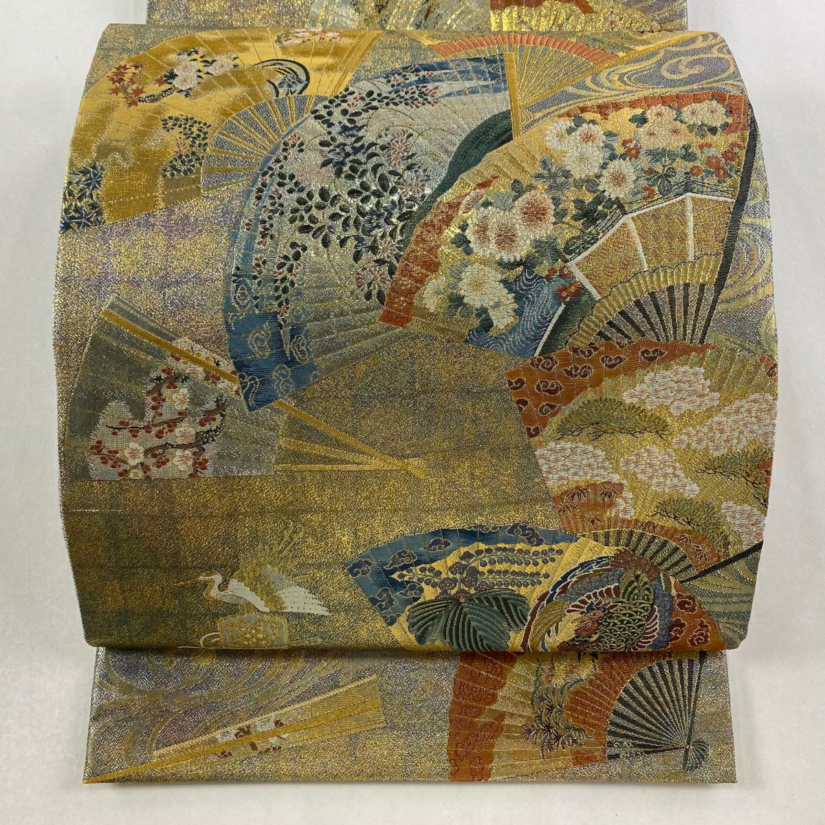【美品】 袋帶 名品級 落款あり 徳川美術館秘藏 扇子 草花紋 金金箔 金色 大鼓圖案 純蠶絲