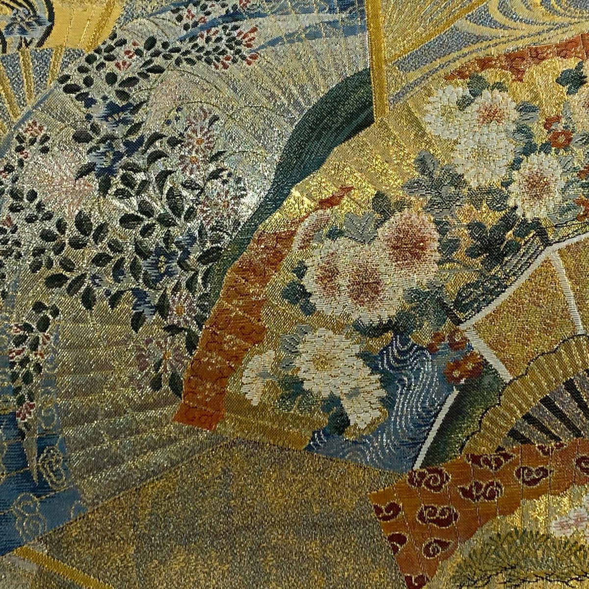 【美品】 袋帶 名品級 落款あり 徳川美術館秘藏 扇子 草花紋 金金箔 金色 大鼓圖案 純蠶絲