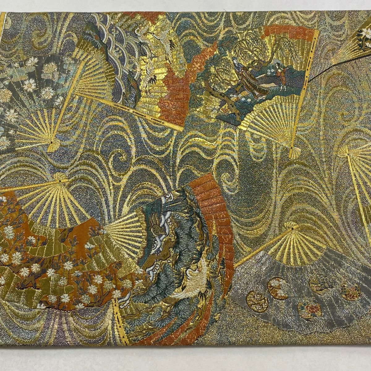 【美品】 袋帶 名品級 落款あり 徳川美術館秘藏 扇子 草花紋 金金箔 金色 大鼓圖案 純蠶絲